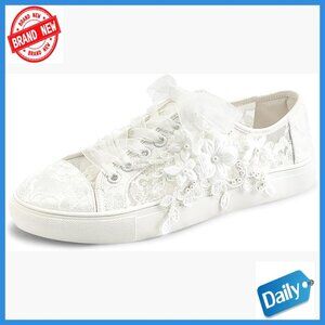 Wedding Sneakers Flats Lace-Up Bridal Shoes Rhinestone Embellished